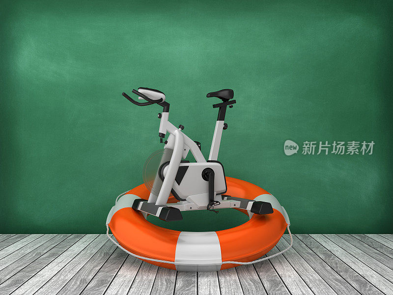 生活带与锻炼自行车在木地板-黑板背景- 3D渲染
